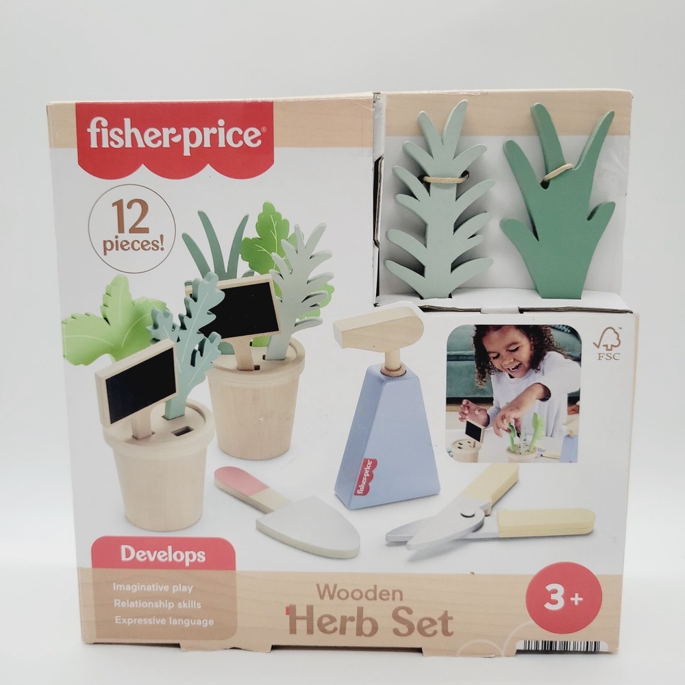FISHER-PRICE WOOD HERB GARDEN AND TOOLS PRETEND PLAY SET, 12 WOOD PIECES